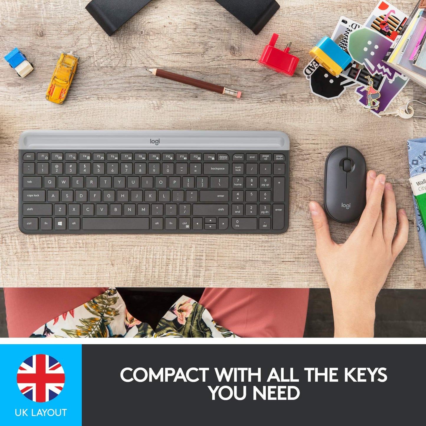 Logitech MK470 Slim Wireless Keyboard & Mouse Combo for Windows, 2.4GHz Unifying USB-Receiver, Low Profile, Whisper-Quiet, Long Battery Life, Optical Mouse, PC/Laptop, QWERTY UK Layout - Black