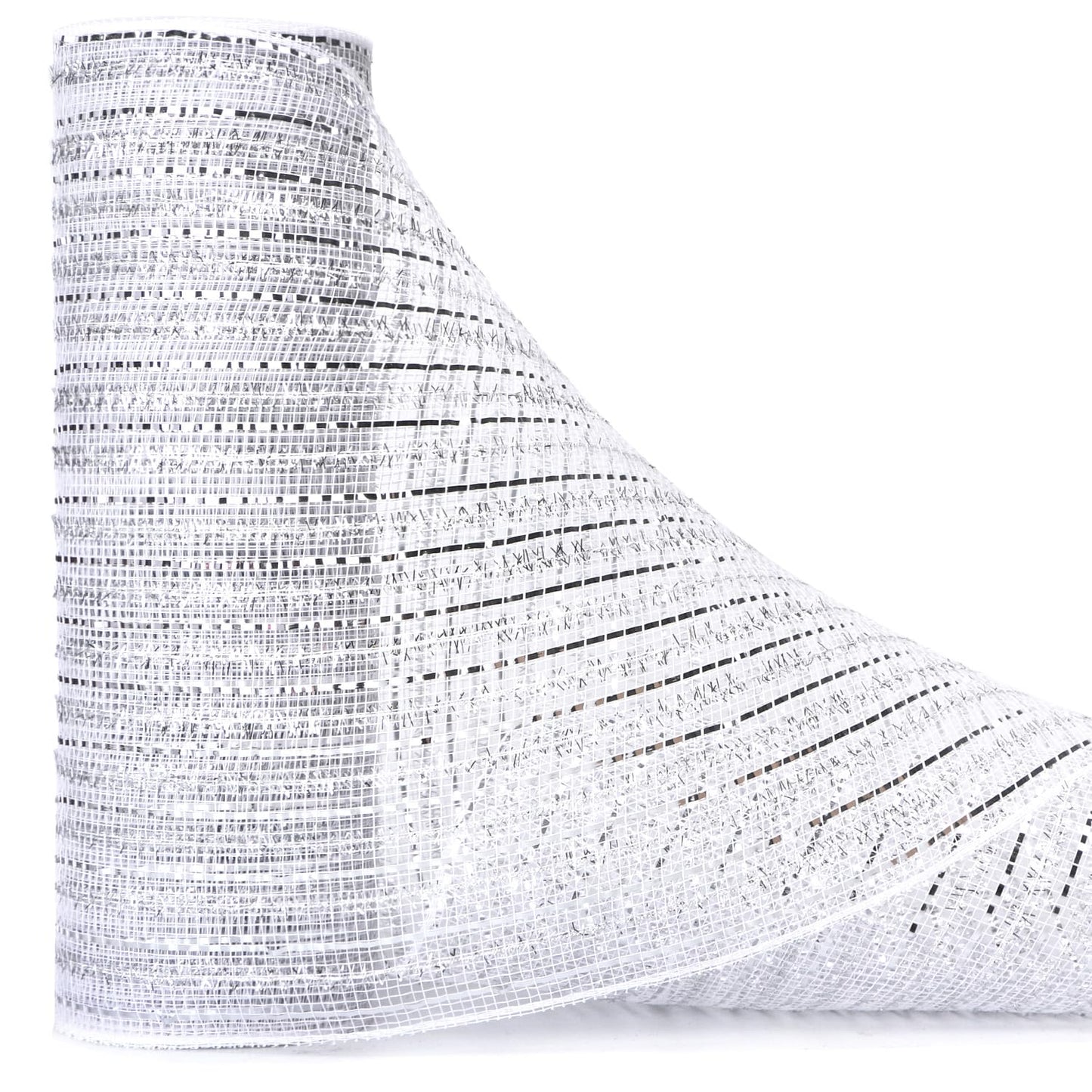 Ribbli White Metallic Mesh Ribbon White with Silver Foil and Glitter Strip,Christmas Ribbon for Christmas Tree Wreath Swags Wedding Garland 10 inch x 30 feet(10Yard)