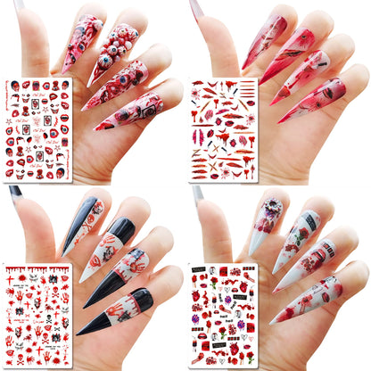 TailaiMei 12 Sheets Halloween Nail Stickers, 3D Horror Scream Scary Wound Scar Bloody Self-Adhesive Gothic Nail Art Decals for DIY Nail Decorations (Bleading Style)