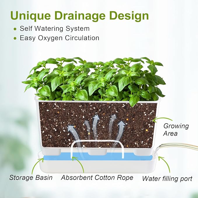 10 Inch Self Watering Planters for Indoor Plants: 4 Packs Rectangular Plant Pots with with Drainage and Tray, Window Pot Self Watering Planter for Herb, Houseplants