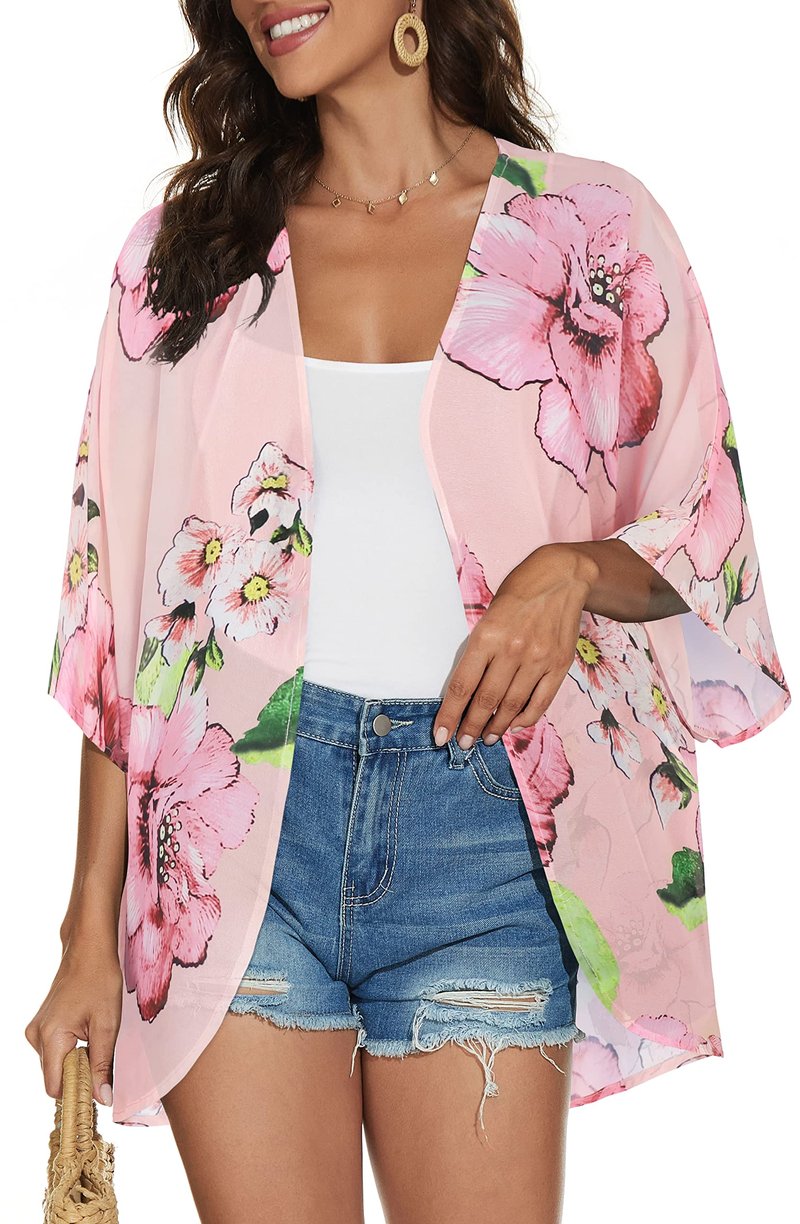 Women Summer Kimono Cardigan Sheer Beach Cover ups Chiffon Loose Casual Open Front Swimwear Shirts (Rose Pink,2XL)