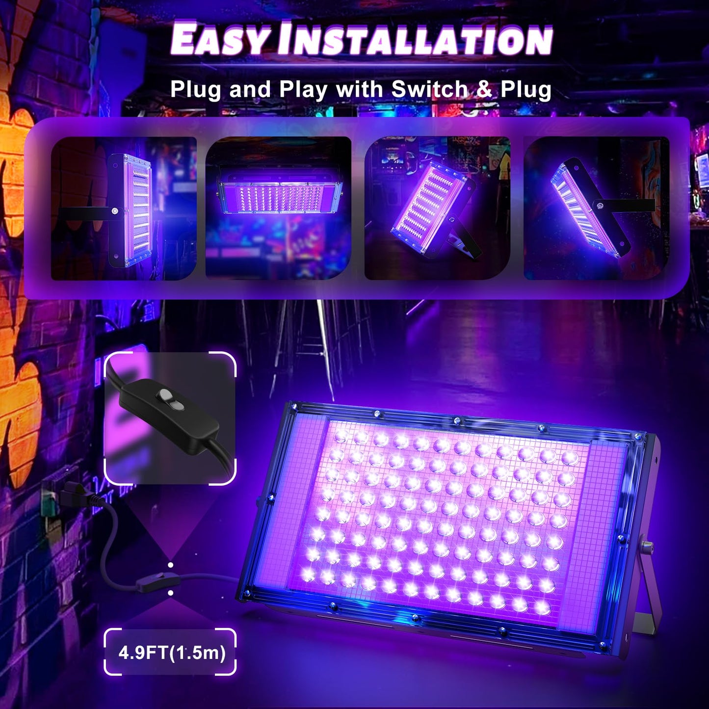 Glostars 100W LED UV Black Light, Powerful UV Spotlight, IP66, 395nm Lamp for Christmas, Halloween Glow Party (2 Packs)