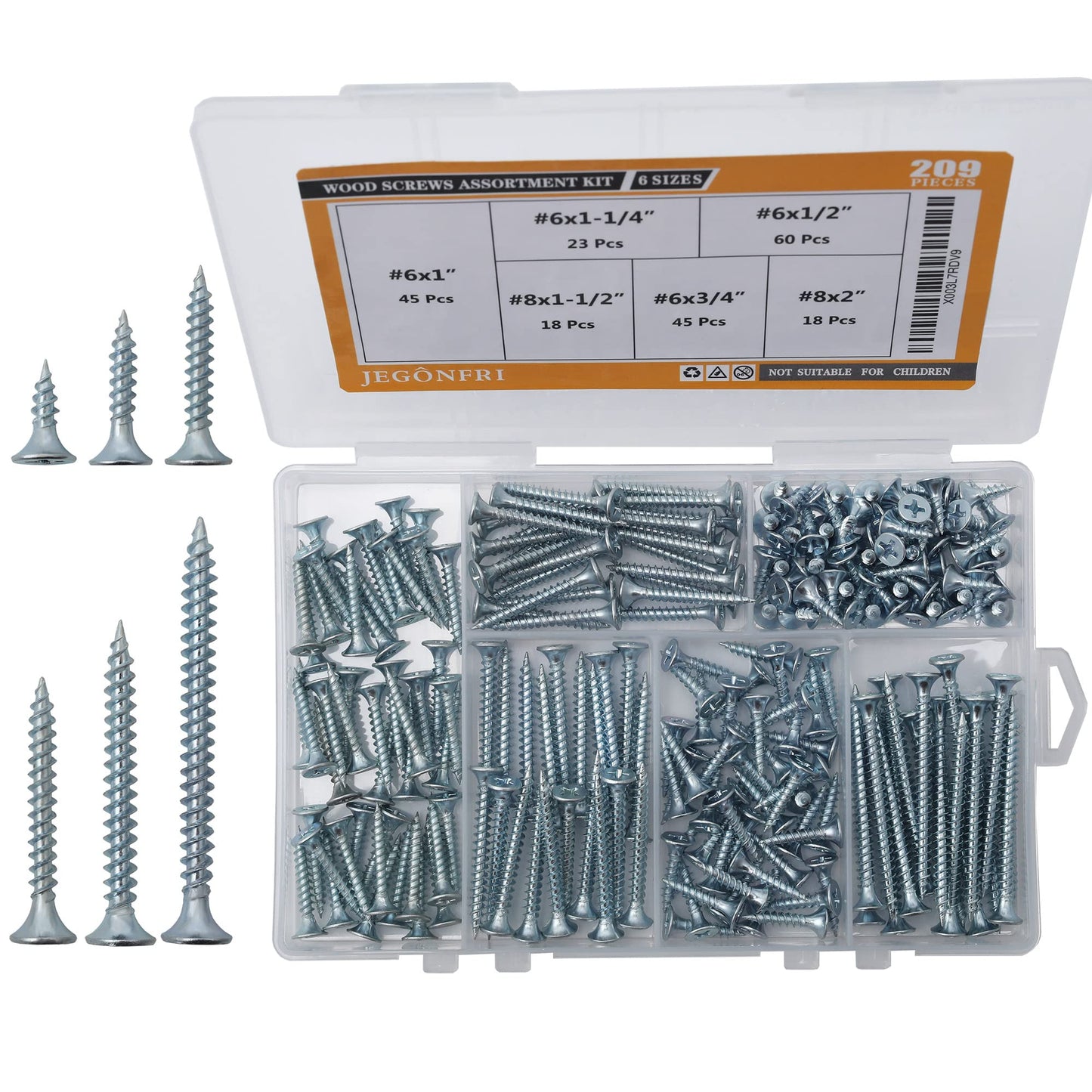 JEGONFRI High Hardness Wood Screws Assortment Kit, 209 pcs, Phillips Drive Flat Head, Wood Screws, Screws, Drywall Screws, Assorted Screws, Screws Set, 6 Sizes (2”,1-1/2”,1-1/4”,1”,3/4”,1/2”)