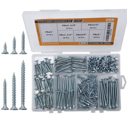 JEGONFRI High Hardness Wood Screws Assortment Kit, 209 pcs, Phillips Drive Flat Head, Wood Screws, Screws, Drywall Screws, Assorted Screws, Screws Set, 6 Sizes (2”,1-1/2”,1-1/4”,1”,3/4”,1/2”)