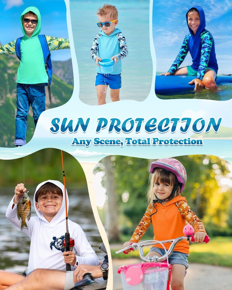 DRONIRING Boys Rash Guard Swim Hoodie, UPF 50+ UV Sun Protection Long Sleeve Fishing Shirt, Kids Youth SPF Water Shirts White-Blue