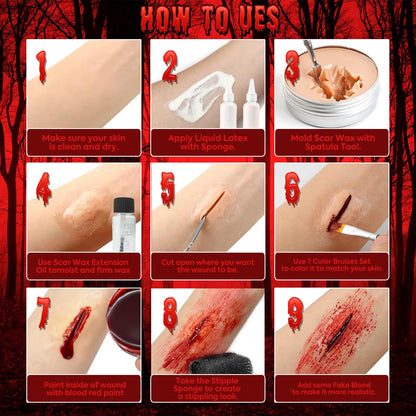 VIOLA HOUSE SFX Makeup Kit, Halloween Special Effects Makeup, 6 Colors Bruise Wound Face Body Paint + Scar Wax + Scar Oil + Liquid Latex + Fake Blood + Spatula + Stipple Sponge + Brush.