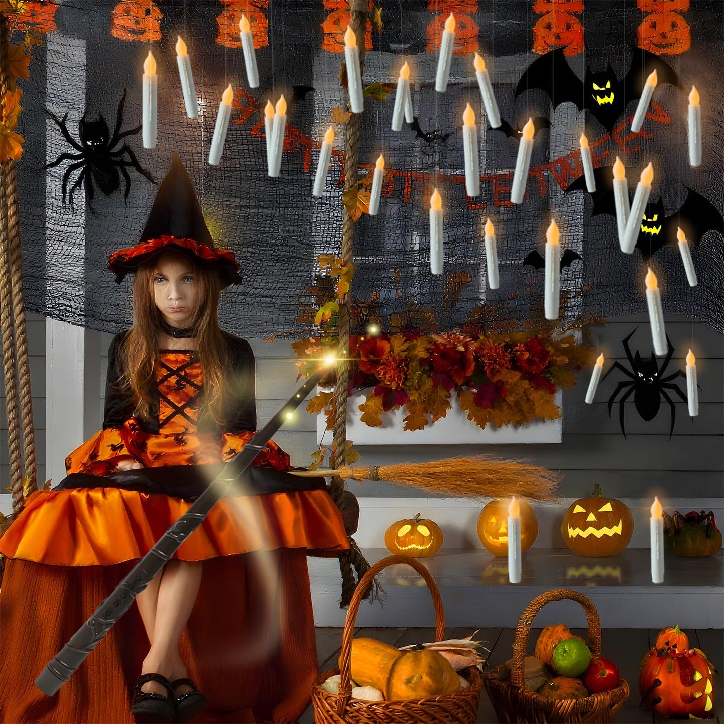 MUMCHASI 12 Packs Flameless Floating Candles with Wand, Flameless Taper Candles, Battery Operated Candles, Flickering LED Candlesticks with Remote for Fall Halloween Party Decor Birthday