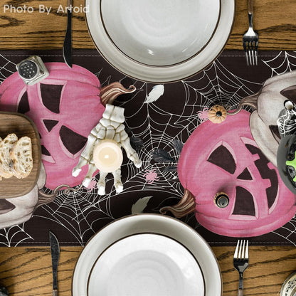 Artoid Mode Pink Pumpkins Spider Web Halloween Table Runner, Seasonal Fall Black Kitchen Dining Table Decoration for Home Party Decor 13x72 Inch