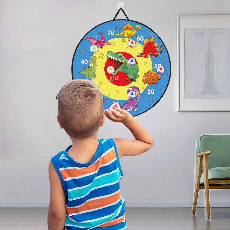 TOMYOU 26" Dart Board for Kids with 16 Sticky Balls, Double Sided Dinosaur Dart Board, Indoor Outdoor Party Games Toys, Birthday Toys Gift for Age 5 6 7 8 9 10 11 12 Year Old Boys Girls