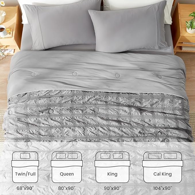 Cozy Bliss Cooling Comforter Full Size Seersucker Plaid, Q-Max 0.4 Reversible Lightweight Cooling Blanket, Breathable Silk Smooth Summer Bedding Quilt for Hot Sleepers Night Sweats Dark Grey