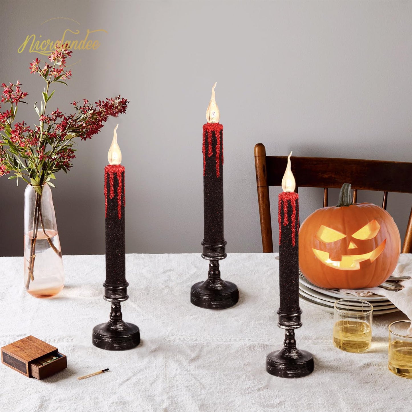 Nicrolandee Halloween Decorations, 2 PCS Blood Dripping Flameless Candles Led Taper Candle with Remote Control, Amber Warm Yellow Flickering Candle for Halloween Home Decor, Horror Party Decorations