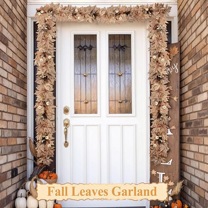 9 FT Fall Garland with Lights Timer Function Autumn Fall Leaves Garland with Berries Pine Cones Pumpkins Realistic Automatic ON/Off Timer Fall Decorations for Home Mantle Fireplace Porch Table