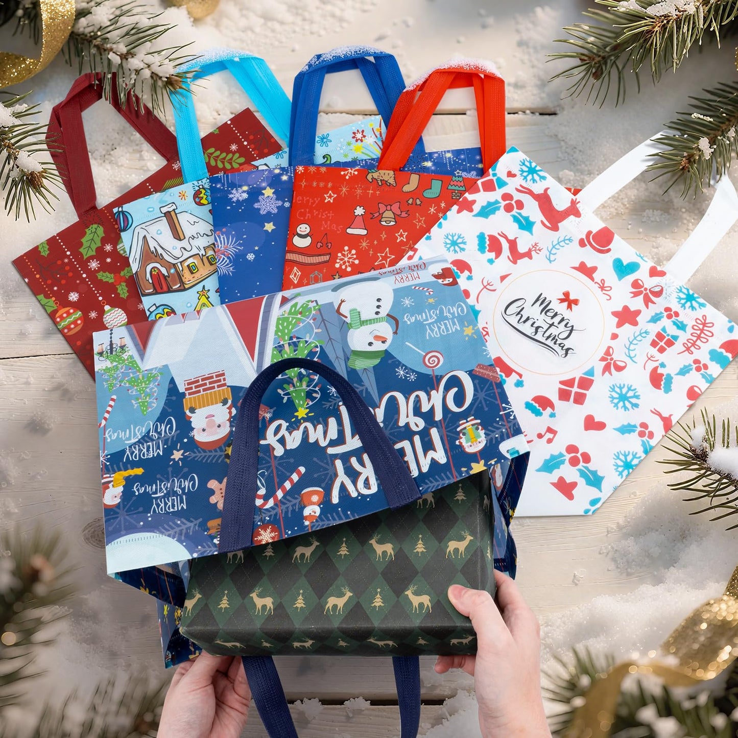 Iioscre 8 PCS Large Christmas Gift Bags With Handles, Non Woven Reusable Holiday Treat Bags for Gifts, 12.8 x 9.8 x 6.7in