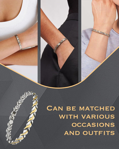 Jeracol Magnetic Bracelets for Women,Titanium Steel Ladies Magnetic Bracelets,Adjustable Wristband include sizing tool in Gift Box(Fish Tail Design-Silver Gold)