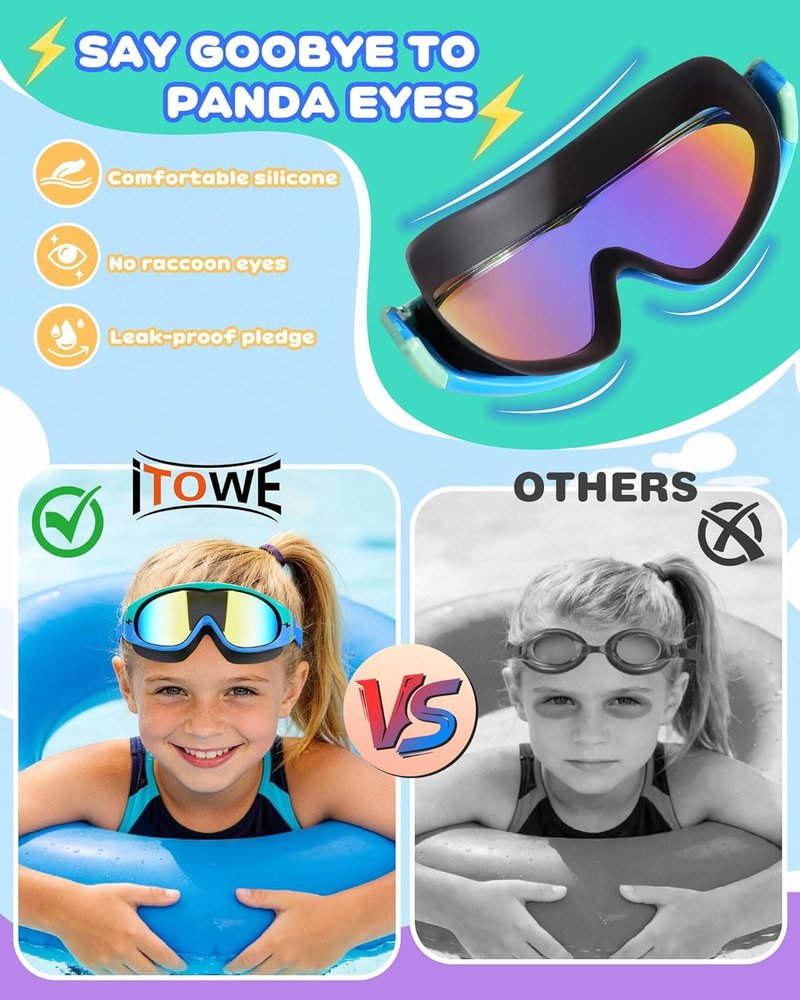 Wide View Swimming Goggles for Kids - Anti-Fog & UV Protection | 2 Pack, No Leak Design, Ages 5-15