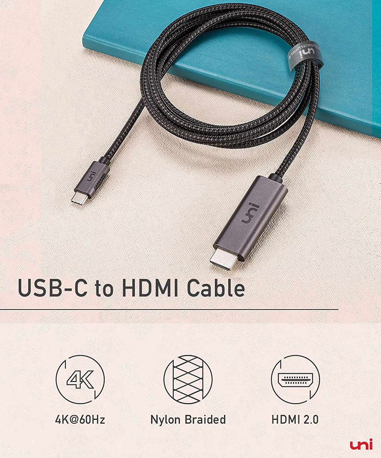 uni USB C to HDMI Cable (4K@60Hz, 2K@120Hz) Type-C to HDMI 2.0 [Thunderbolt 4/3 Compatible] for MacBook Pro/Air, iPhone 16 15, iPad Pro, Surface Pro, Pixel Book, Galaxy S10, and More-Grey-1m