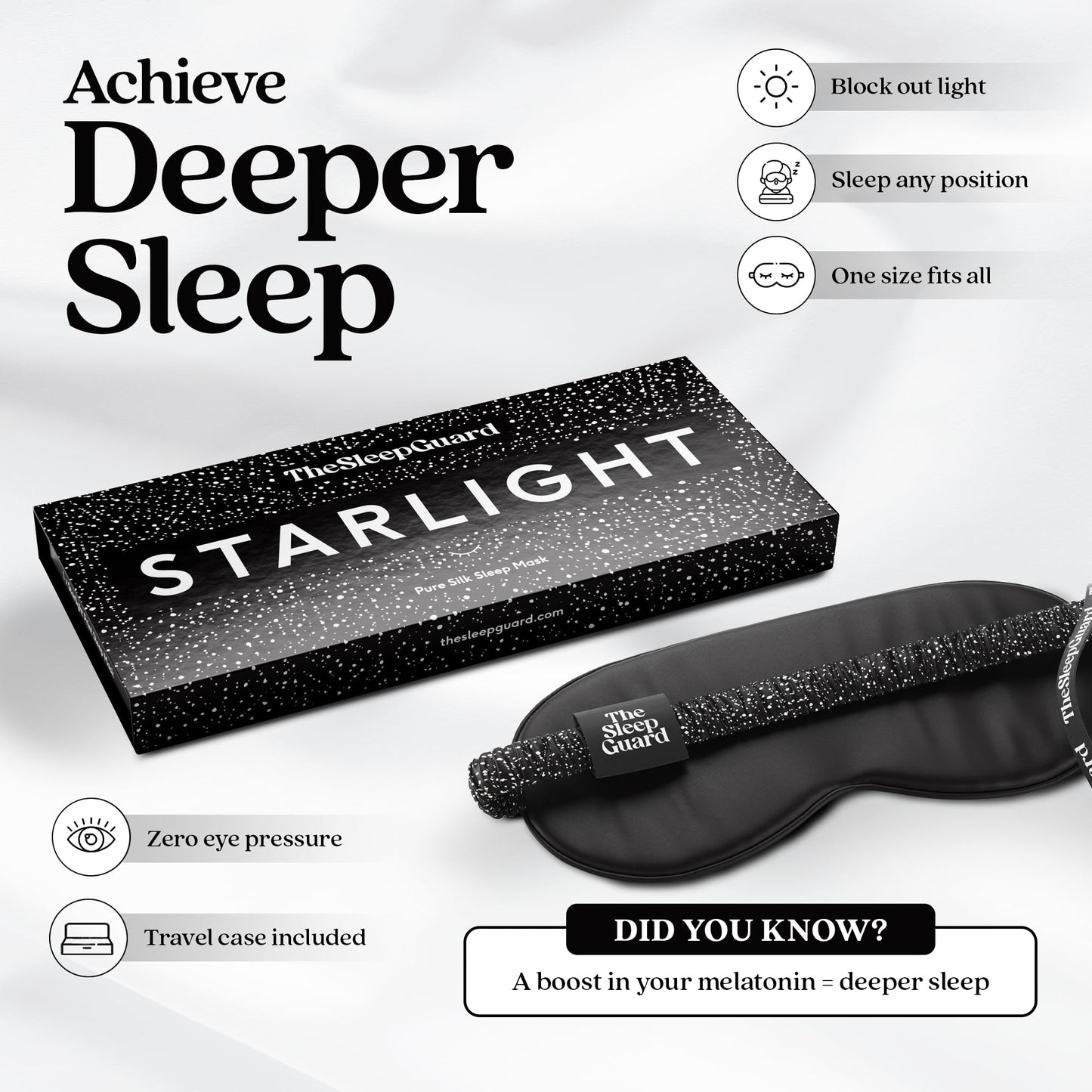 TheSleepGuard Pure Silk Sleep Mask [100% 6A Mulberry Silk, 22 Momme] Light Blocking Travel Essentials. Eye Masks for Sleeping. Black Oeko-Tex Blindfold. Eye Covers for Men & Women