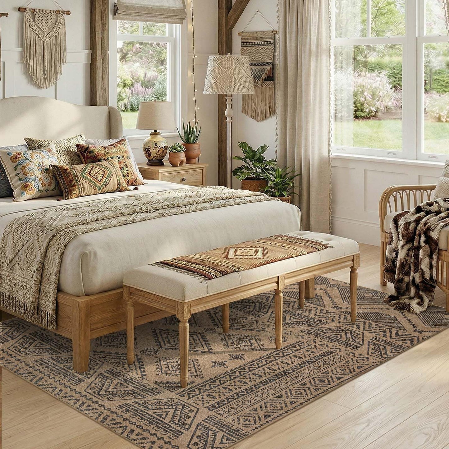 jinchan 5x7 Washable Faux Jute Area Rug, Boho Southwestern Geometric Natural Fiber Look Outdoor Rug, Low-Pile Non-Slip Floor Mat for Living Room Dining Room Bedroom Patio, Natural Charcoal