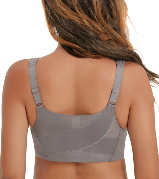 HACI Women's Front Closure Posture Bra Full Coverage Back Support Wireless Unpadded(Grey,46DDD)
