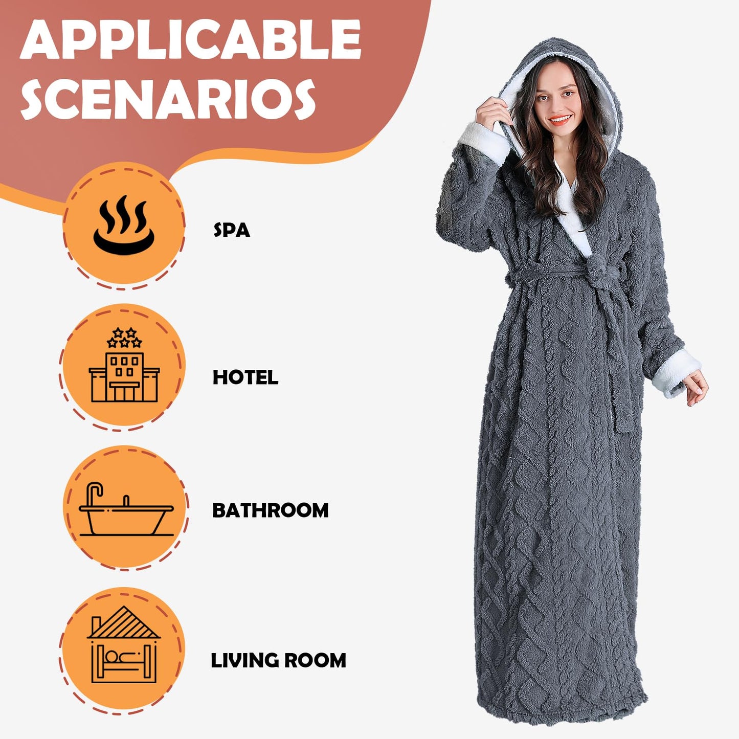 Oksun Womens Long Dressing Gown Robe Full Length Ladies Fluffy Plus Size Fleece Hooded Winter Warm Bathrobe (Grey,XL)