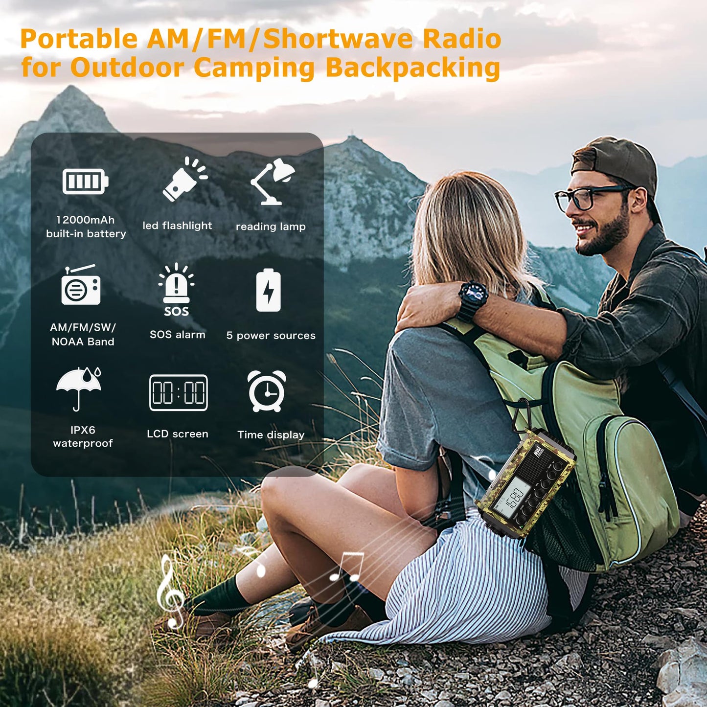 12000mAh/44400mWh Weather Radio, Hand Crank Emergency Radio Portable AM FM Shortwave, Solar Rechargeable Battery Powered Radio with NOAA Alert, USB-C Charger & Adapter, SOS Flashlight for Emergency