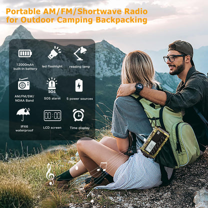 12000mAh/44400mWh Weather Radio, Hand Crank Emergency Radio Portable AM FM Shortwave, Solar Rechargeable Battery Powered Radio with NOAA Alert, USB-C Charger & Adapter, SOS Flashlight for Emergency