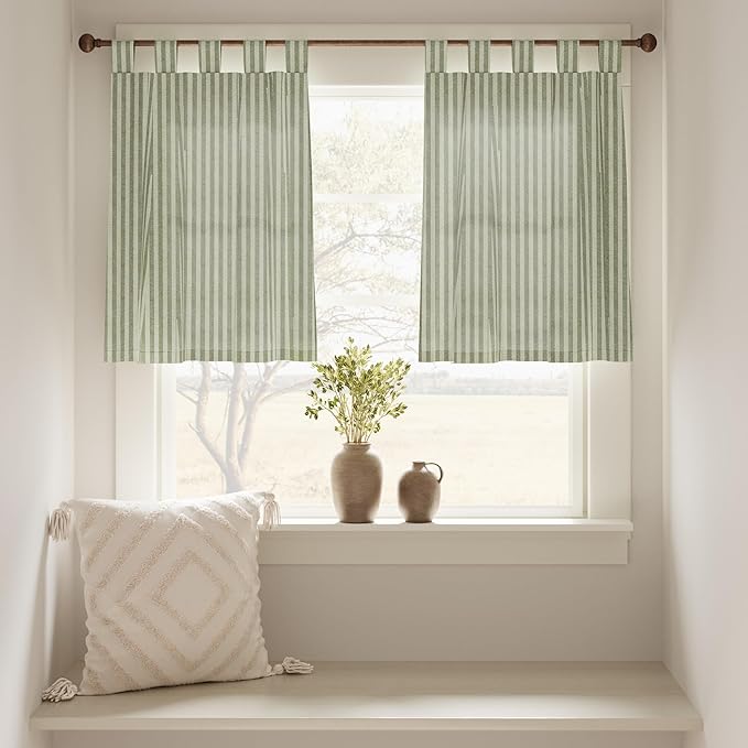 jinchan Tab Top Linen Kitchen Curtains 36 Inches Striped Tier Curtains Farmhouse Modern Cafe Style Small Window Treatments Airy Light Filtering Rod Pocket for Living Room Bathroom 2 Panels Sage Green