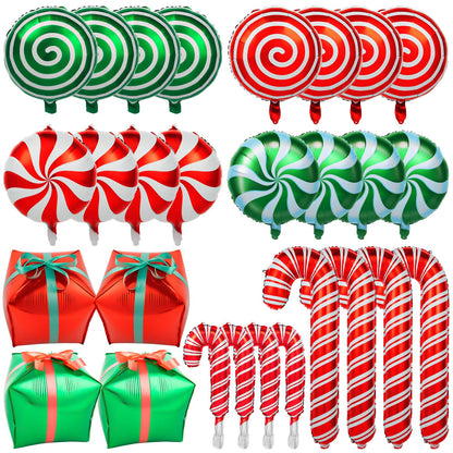 32Pcs Christmas Balloons, Christmas Candy Cane Foil Balloons with Ribbons, Red Green Mylar Balloon for Party Decorations