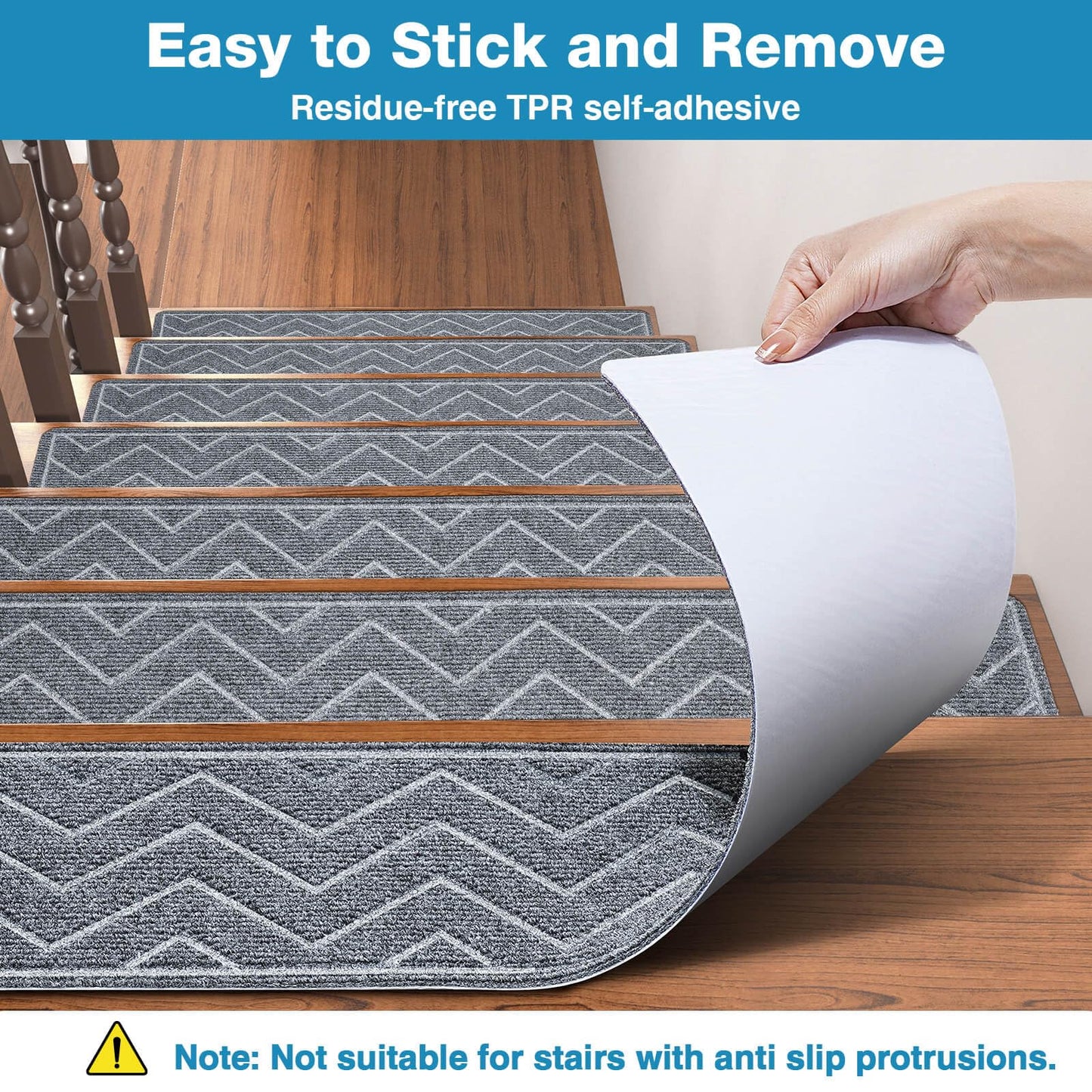 DK177 Stair Treads for Wooden Steps, 15 Pack 8"x30" Non-Slip Indoor Carpet Stair Treads with Reusable Polyester TPE Backing for Kids Elders and Pets (Dark Gray, 15PCS)