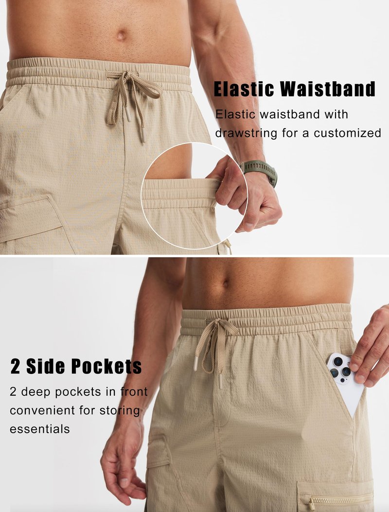 Libin Men's Shorts Casual All Day Comfy Quick Dry Lightweight Cargo Hiking Shorts Breathable Stretch Outdoor Sports Travel Summer Clothing with Zipper Pockets Khaki M