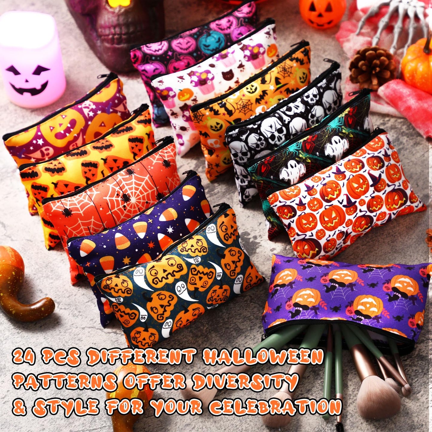 SilTriangle 24 Pieces Makeup Bags Bulk Canvas Cosmetic Bags Purse Organizer Zipper Cosmetic Pouch Portable Travel Toiletry Pouch for Women Men Gifts, 7 x 4 Inch (Halloween)