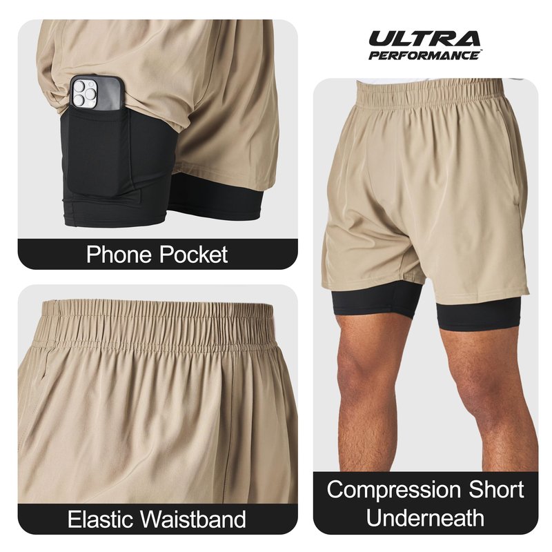 Ultra Performance Men's Athletic 2 in 1 Compression Shorts 2 Pack Mens Gym Workout Running Short’s for Men, 5 Inch Inseam Espresso/Khaki