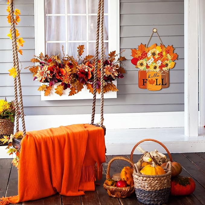 Newcotte Thanksgiving Wooden Sign Fall Decoration for Home Hello Fall Door Sign Farmhouse Maple Leaves Wall Hanging Decoration Door Hanger Wreath for Thanksgiving Autumn Porch Outdoor Home Decor