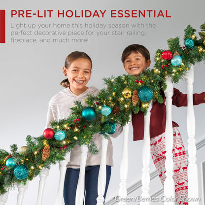 Best Choice Products 9ft Pre-Lit Battery Powered Christmas Garland for Stairs, Traditional Fireplace Holiday Decoration w/ 50 2-in-1 LED Lights