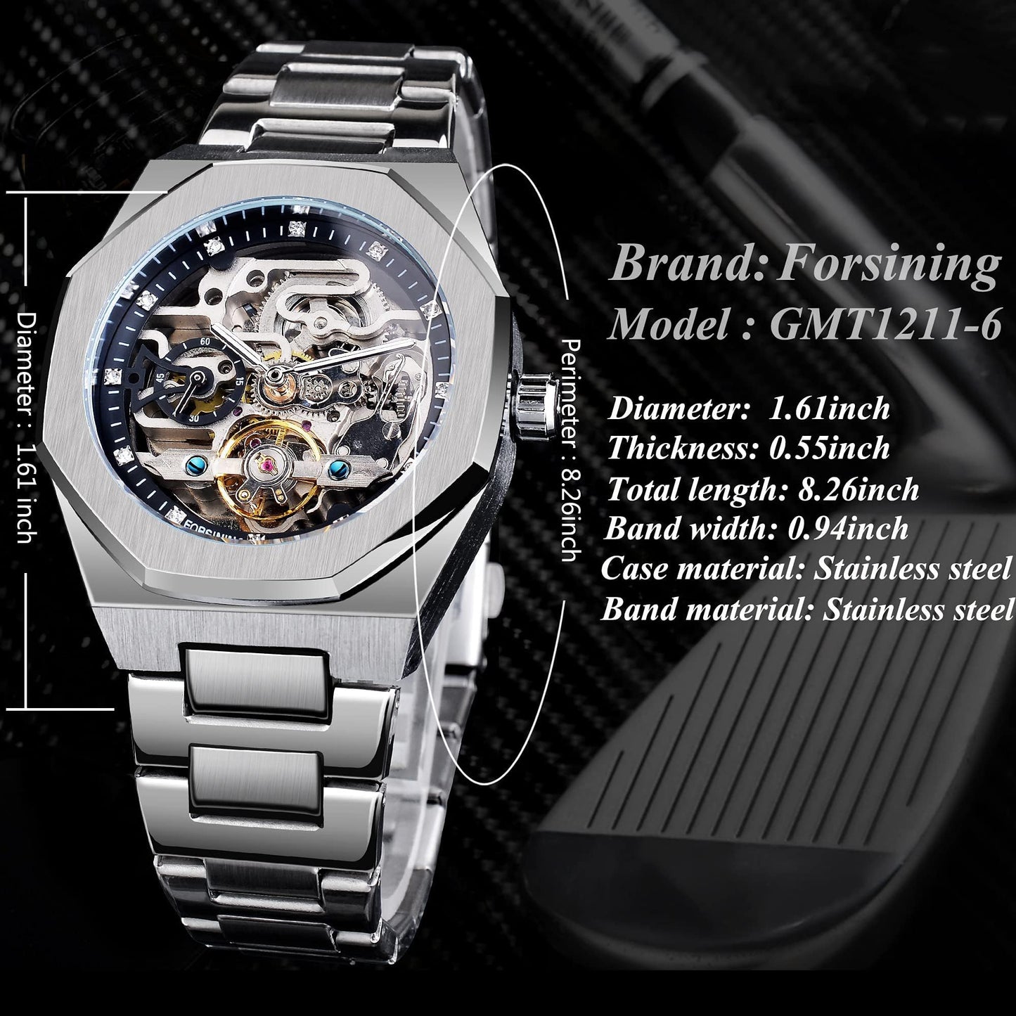 FANMIS Mens Skeleton Watches Luxury Automatic Watch with Stainless Steel Bracelet Wrist Watch (Silver Black)