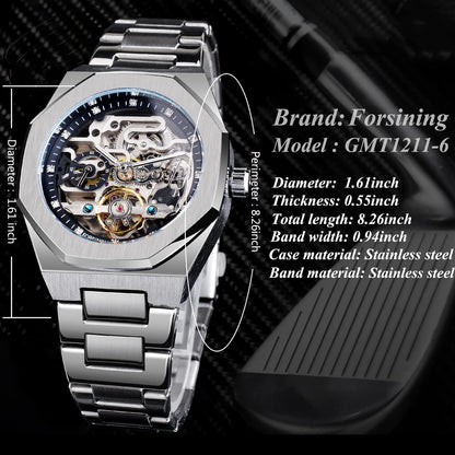 FANMIS Mens Skeleton Watches Luxury Automatic Watch with Stainless Steel Bracelet Wrist Watch (Silver Black)