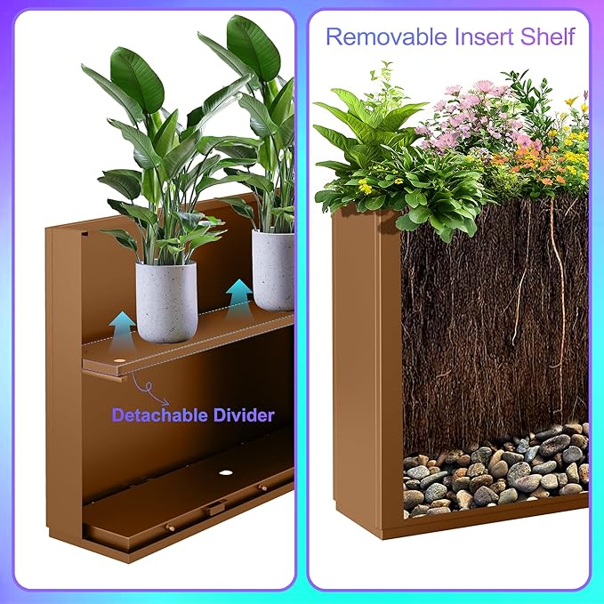 Tall Metal Planter, 10" W×16.3" H Large Rectangular Planter Box for Outdoor or Indoor, All-Weather Durable Plant Box with Drainage Holes & Removable Shelf for Patio, Porch, Garden, Trees, Flowers