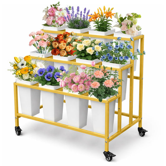 PROLEE Flower Display Stand with 12 Buckets, 3 Layers Flower Cart , Metal Flower Stand with Wheels, Moving Florist Bouquet Shelf, Gold