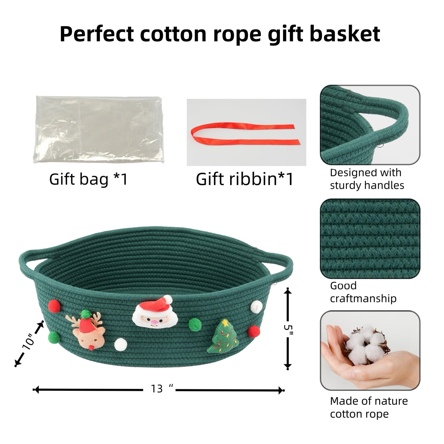 JUNBOLE Christmas Basket Empty with Gift Bag and Ribbons Woven Storage Basket13”x10”x5” Christmas Gift Baskets to Fill gifts Small Cotton Rope storage Basket(dark green, large)