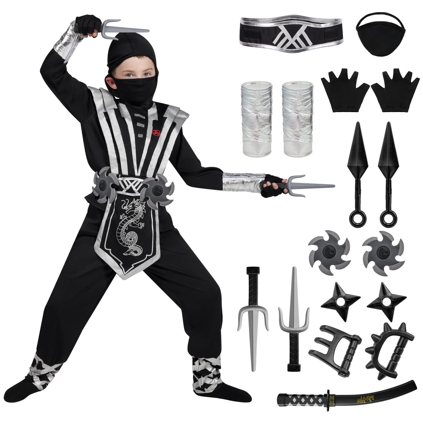 Spooktacular Creations Halloween Ninja Costume for Kids, Silver Boys Ninja Costume, Toddler Accessories Outfit Set for Dress Up and Cosplay Party, S
