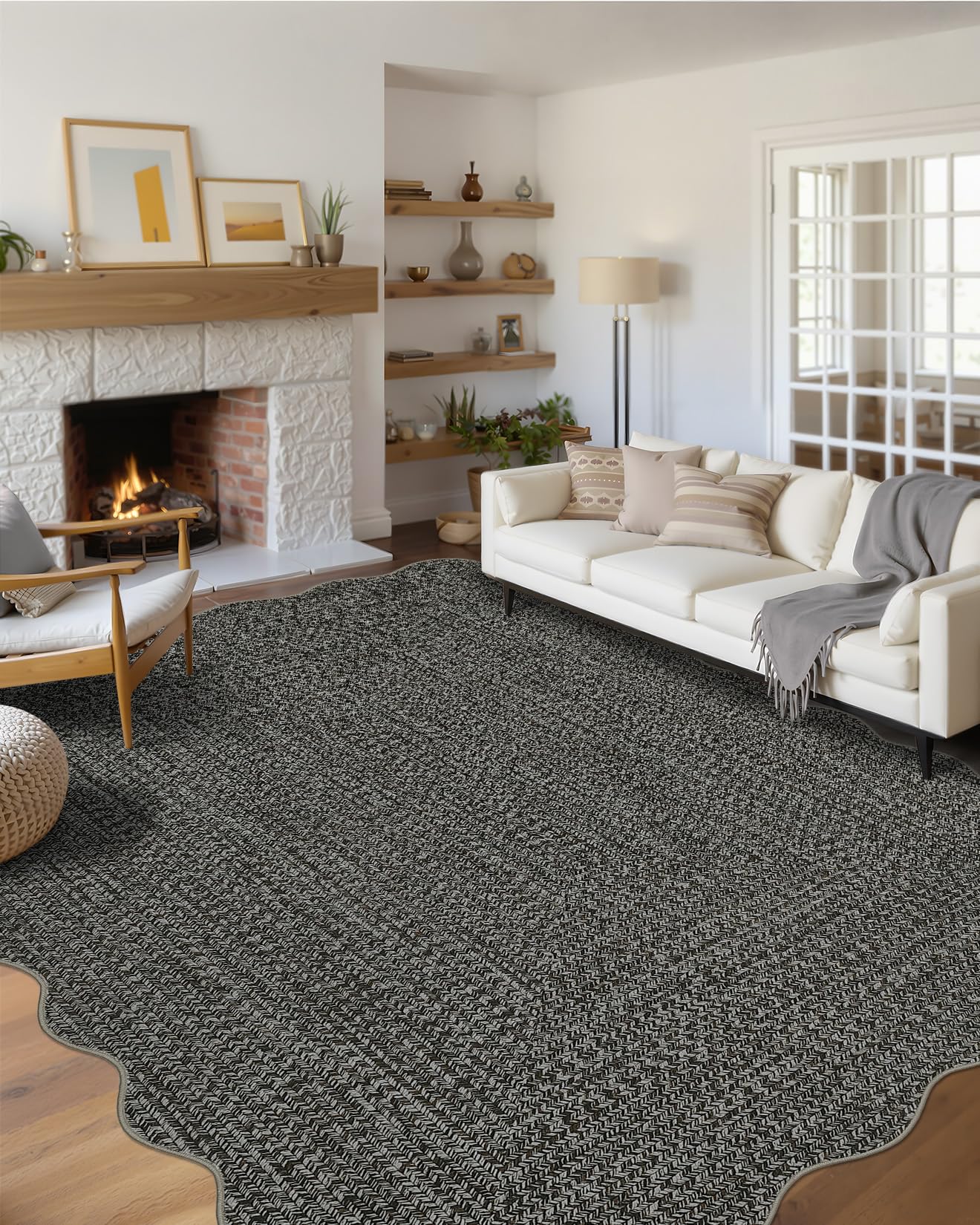 GAOMON Area Rug 4x6 Entryway Rugs Washable Rug Modern Braided Print Rugs for Living Room Non-Slip Non-Shedding Aesthetic Bedroom Carpet Farmhouse Home Office Foldable Thin Floor Mat Scalloped Grey