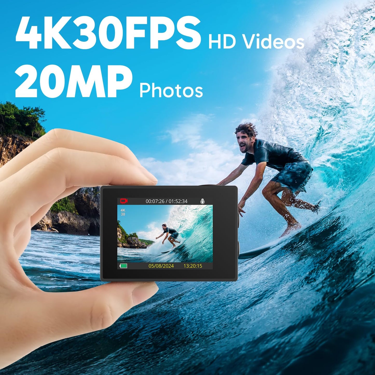 AKASO EK7000 4K30fps Action Camera with 128GB MicroSDXC U3 Memory Card Accessories Kit Bundle Ultra HD 131FT Waterproof Camera EIS WiFi Remote Control 4X Zoom Underwater Camera