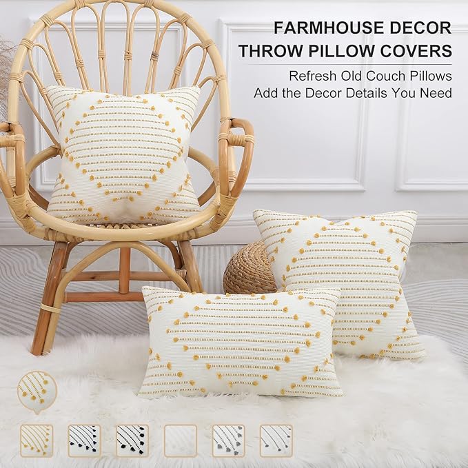 Mecatny Boho Outdoor Throw Pillow Covers 20X20 Set of 2, Farmhouse Decorative Pillow Covers for Couch Sofa Living Room, Yellow & White