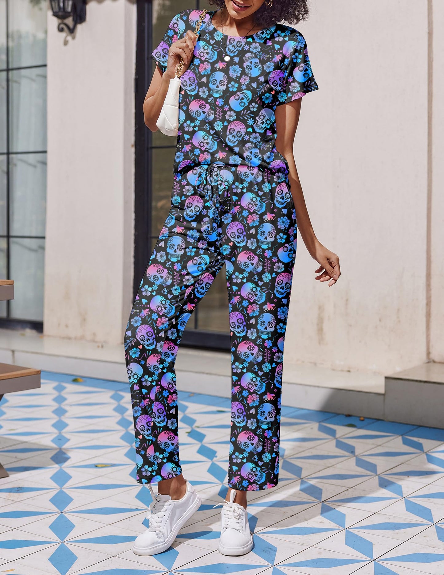 Ekouaer 2 Pack Pajamas for Women Set Short Sleeve Sleepwear Top and Pants Pjs Soft Printed Lounge Sets with Pockets Skull/Halloween Large