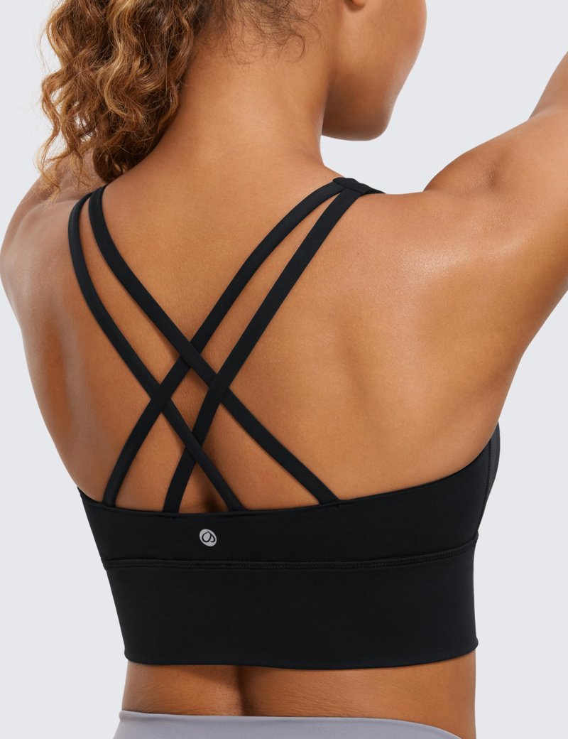 CRZ YOGA Naked Feeling Strappy Longline Sports Bras for Women - Medium Impact Criss Cross Yoga Padded Workout Crop Top Black Medium