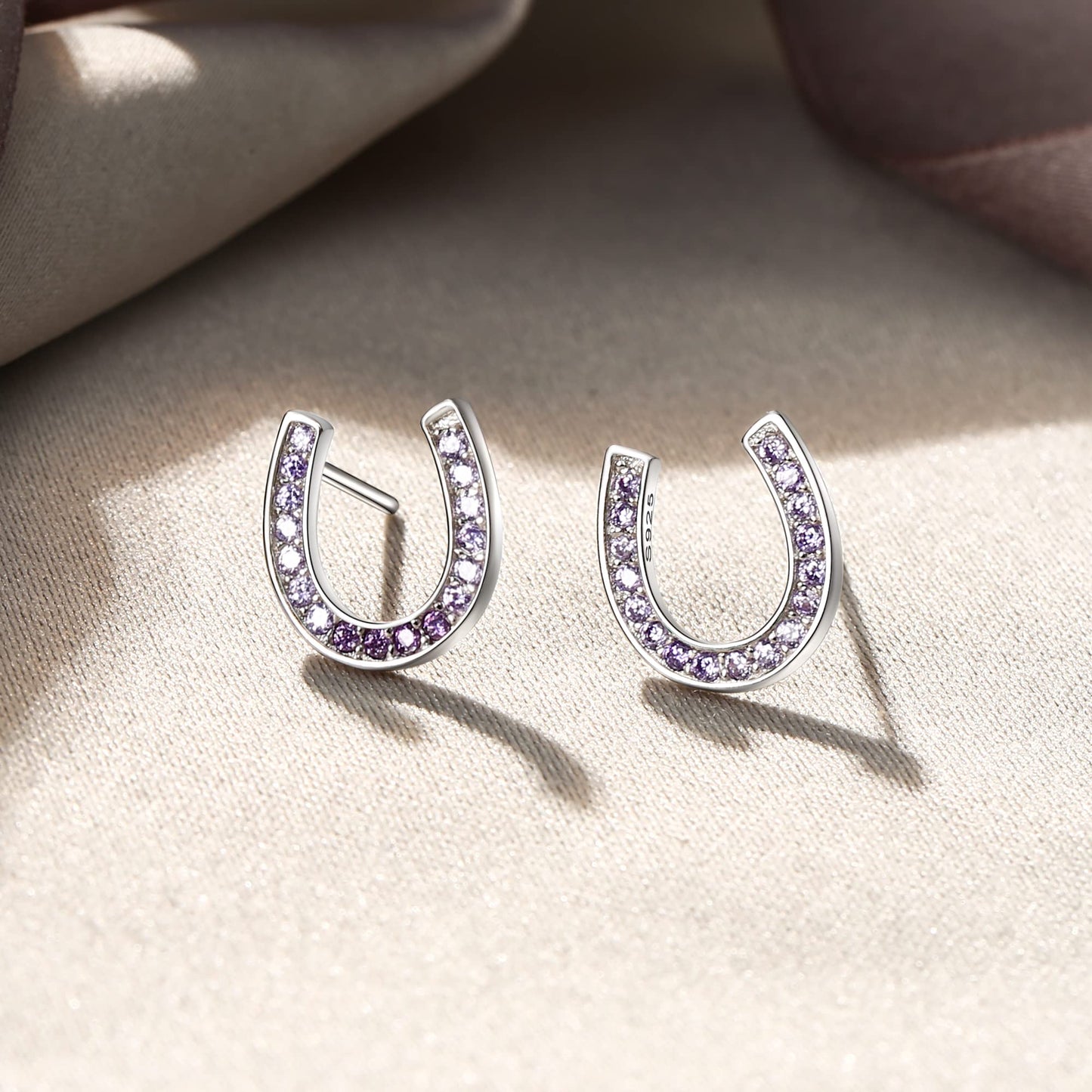 EVER FAITH 925 Sterling Silver Elegant Pave Setting Purple Cubic Zirconia Birthstone Lucky Horseshoe Stud Earrings
