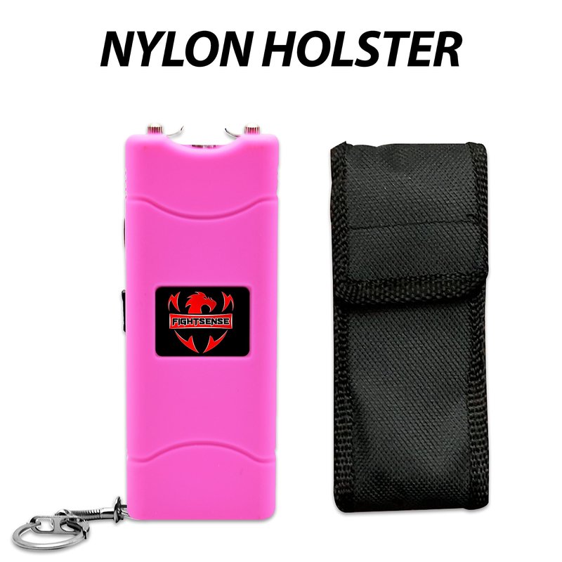 FIGHTSENSE Super Heavy Duty Keychain Stun Gun with Flashlight for Men and Women self Defense Device, Rechargeable Stun Gun, Nylon Holsters (Pink)