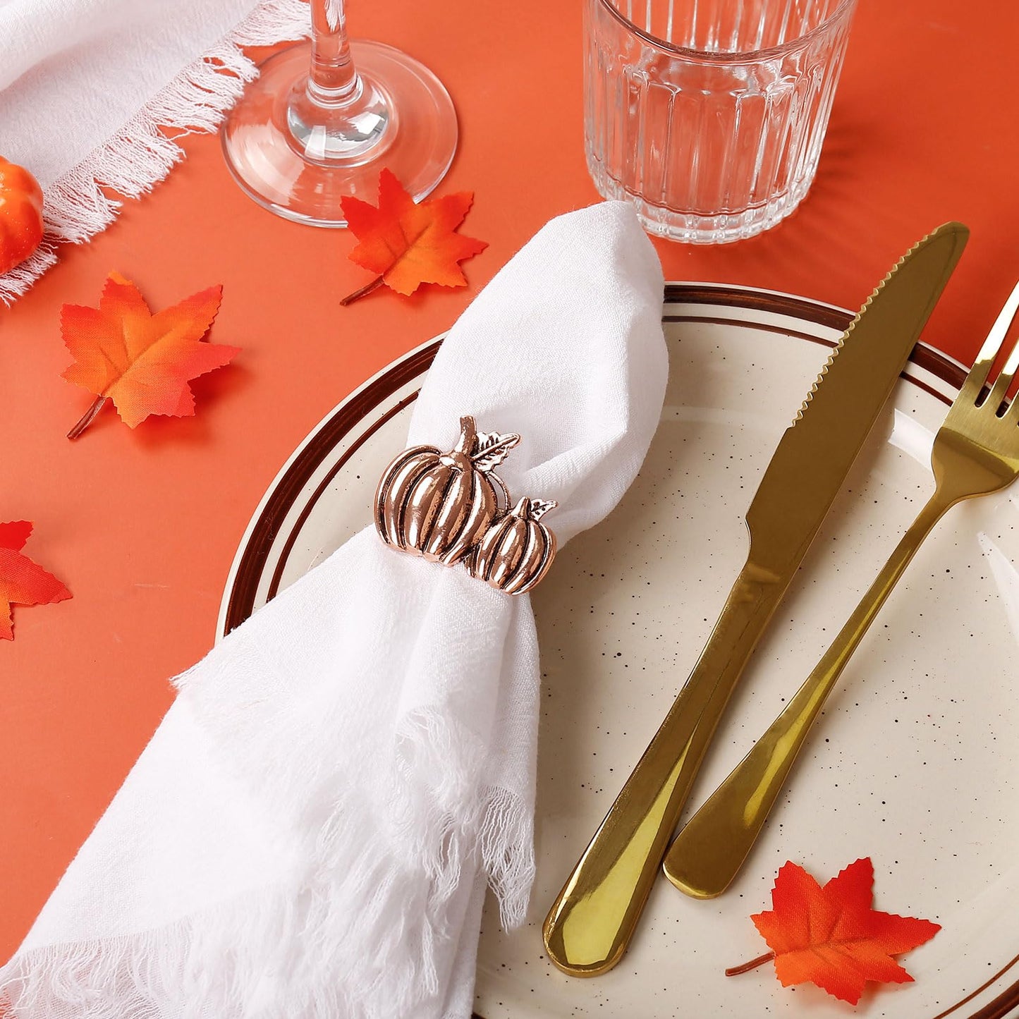 Getfitsoo Copper Pumpkin Napkin Rings - Set of 6, Thanksgiving & Halloween Table Holders