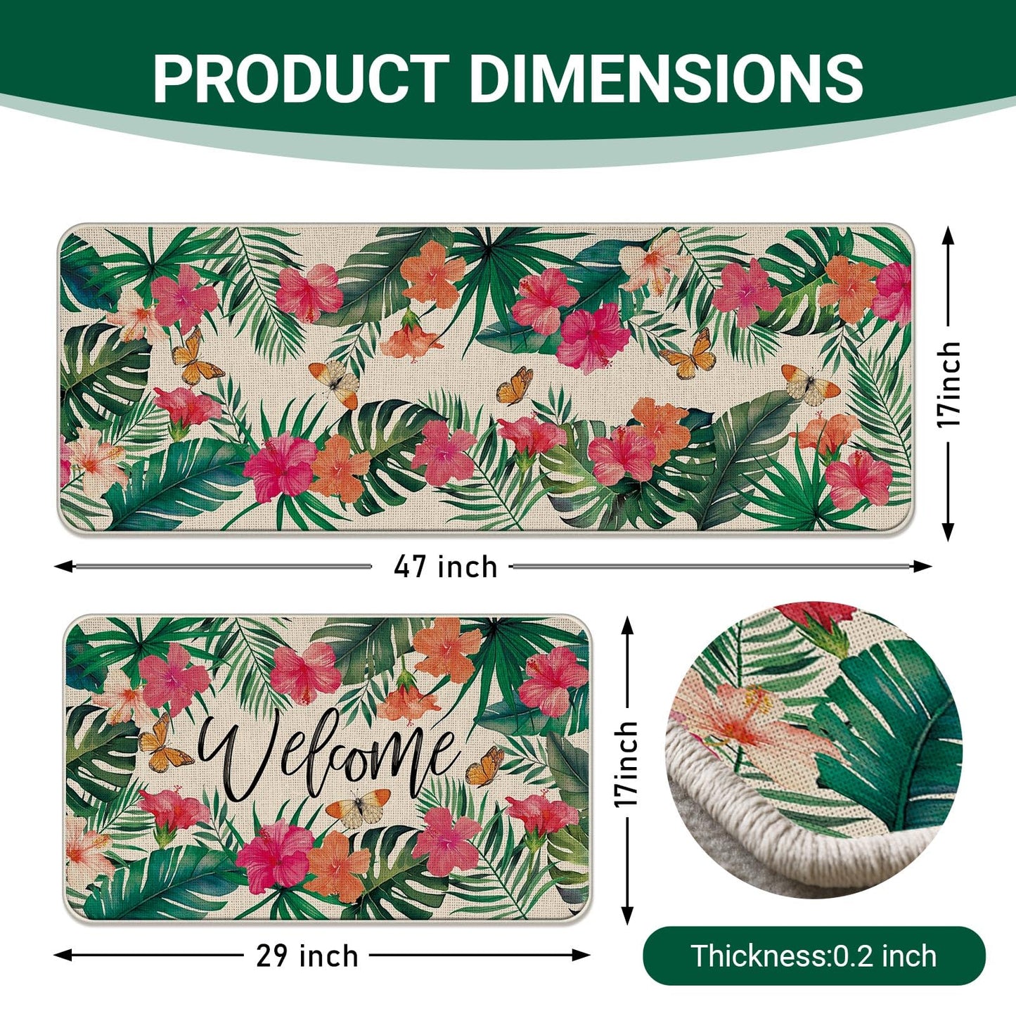 Livcoz Welcome Spring Summer Tropical Plants Kitchen Rugs Set of 2, Hibiscus Flower Palm Leaves Butterfly Floor Mats Home Decor, Floral Botanical Door Mat Decorations - 17x29 and 17x47 Inches