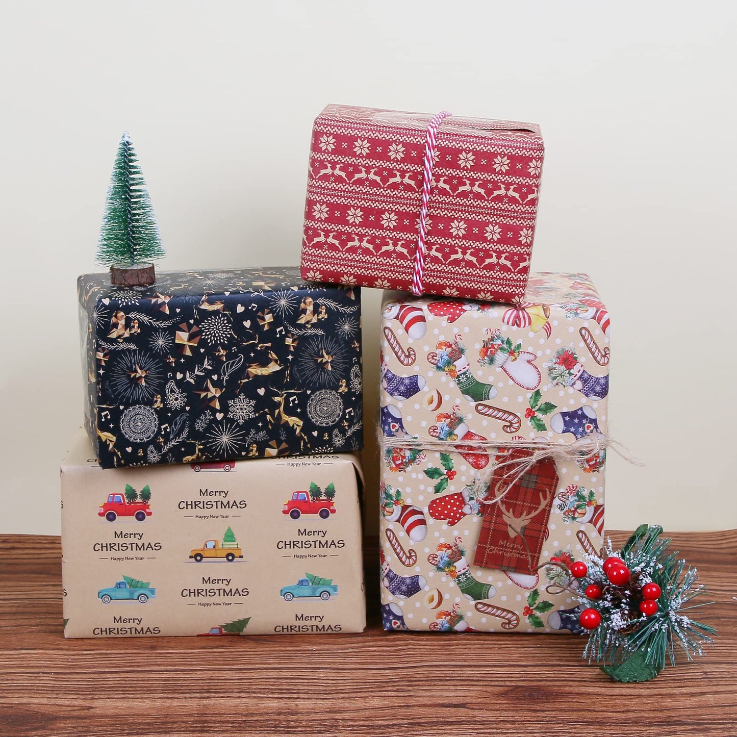 Aimyoo Kraft Christmas Wrapping Paper Jumbo Roll, Christmas Stockings Candy Canes Gloves Designs, Kids Xmas Gift Wrap Paper 17 in x 32 ft